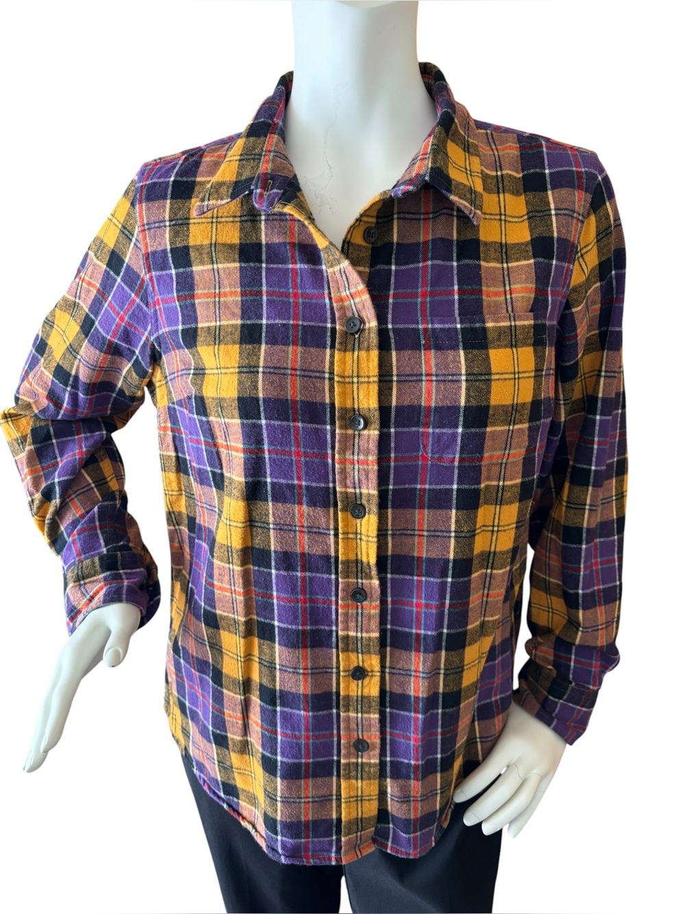 L.L. Bean Cotton Purple & Gold Plaid Slightly Fitted Flannel Shirt, Large Petite